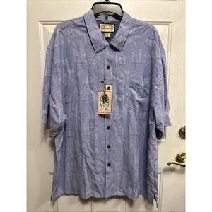 NWT Jamaica Jaxx XXL 100% Silk Jacquard Slate Blue Hawaiian Shirt Palm Trees